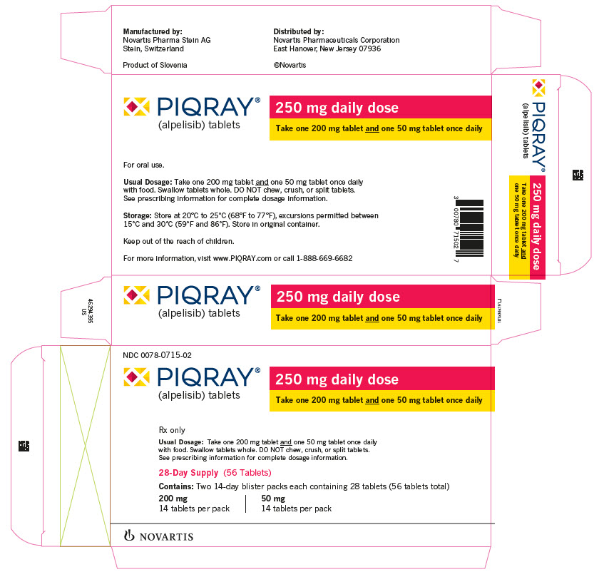 
								PRINCIPAL DISPLAY PANEL
								NDC 0078-0715-02
								PIQRAY®
								(alpelisib) tablets
								250 mg daily dose
								Take one 200 mg tablet and one 50 mg tablet once daily
								Rx only
								Usual Dosage: Take one 200 mg tablet and one 50 mg tablet once daily with food. Swallow tablets whole. DO NOT chew, crush, or split tablets. See prescribing information for complete dosage information.
								28-Day Supply (56 Tablets)
								Contains: Two 14-day blister packs each containing 28 tablets (56 tablets total)
								200 mg 14 tablets per pack
								50 mg 14 tablets per pack
								NOVARTIS
							