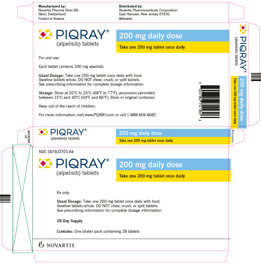 
								PRINCIPAL DISPLAY PANEL
								NDC 0078-0701-84
								PIQRAY®
								(alpelisib) tablets
								200 mg daily dose
								Take one 200 mg tablet once daily
								Rx only
								Usual Dosage: Take one 200 mg tablet once daily with food.
								Swallow tablets whole. DO NOT chew, crush, or split tablets.
								See prescribing information for complete dosage information.
								28-Day Supply
								Contains: One blister pack containing 28 tablets
								NOVARTIS
							