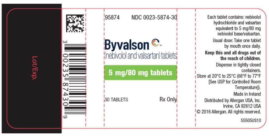 NDC 0023-5874-30
Byvalson™
(nebivolol and valsartan) tablets
5 mg/80 mg tablets
30 TABLETS Rx Onl
