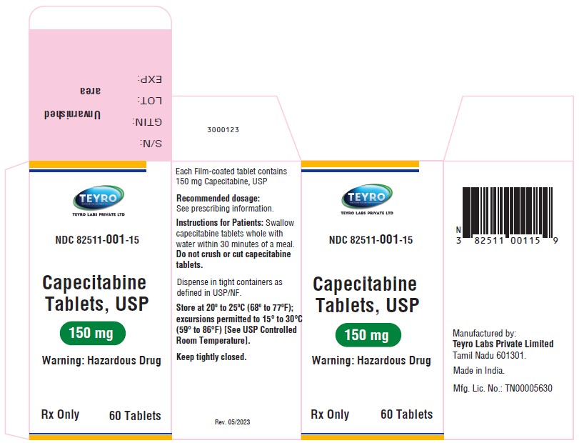 Capecitabine tablets, USP 150 mg  - NDC 82511-001-15 - 60 Tablets carton Label