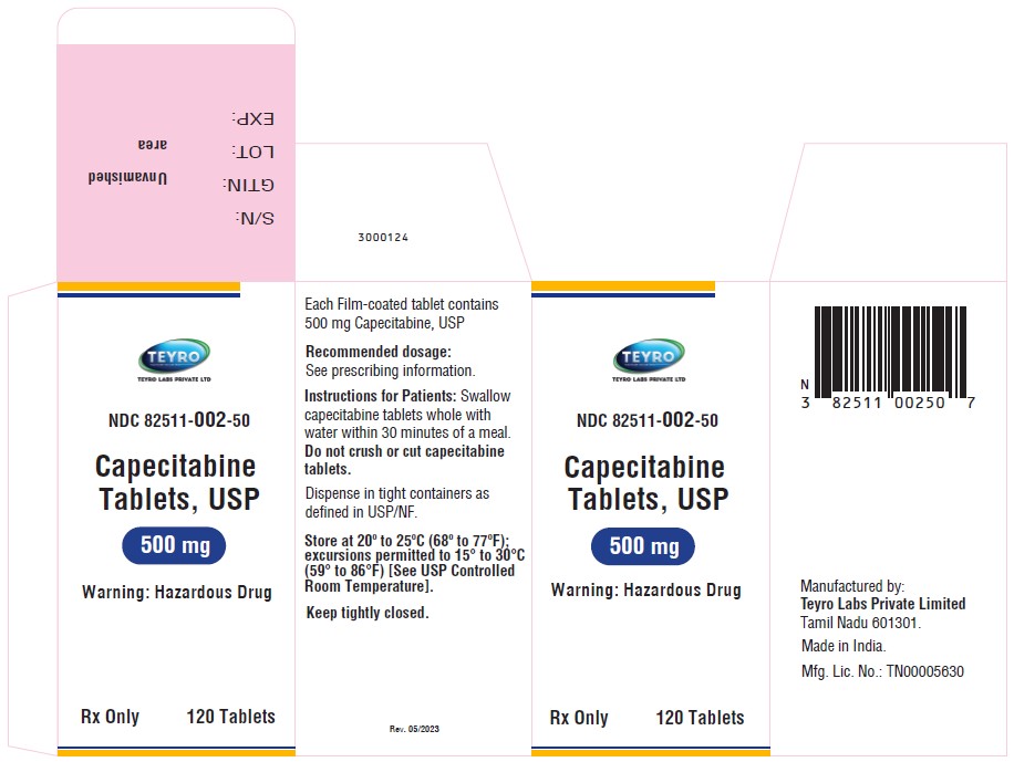 Capecitabine tablets, USP 500 mg  - NDC 82511-002-50 - 120 Tablets carton Label