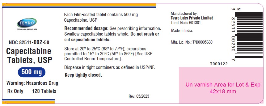 Capecitabine tablets, USP 500 mg  - NDC 82511-002-50 - 120 Tablets container Label