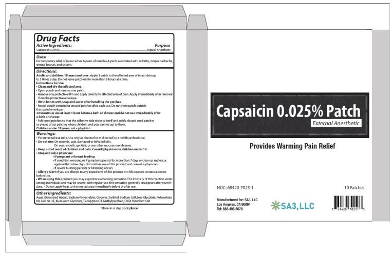 PRINCIPAL DISPLAY PANEL
Capsaicin 0.025% Patch
NDC 69420-7025-1
10 Patches (5 per Resealable Pouch)

SA3, LLC
