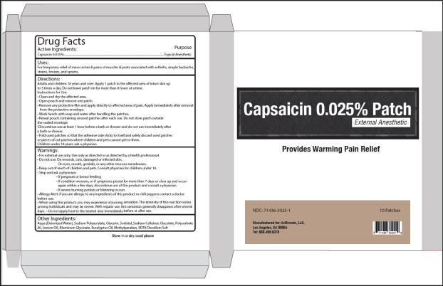 PRINCIPAL DISPLAY PANEL Capsaicin 0.025% Patch NDC 71436-3025-1 10 Patches (5 per Resealable Pouch) AriBrands, LLC