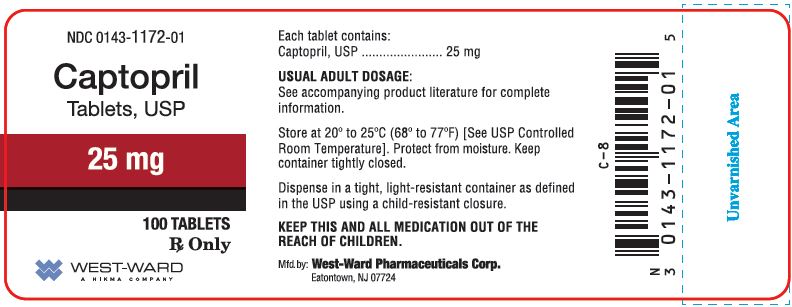 NDC 0143-1172-01 Captopril Tablets, USP 25 mg 100 Tablets Rx Only