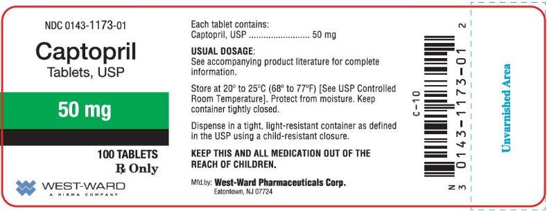 NDC 0143-1173-01 Captopril Tablets, USP 50 mg 100 Tablets Rx Only