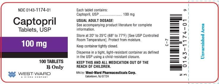 NDC 0143-1174-01 Captopril Tablets, USP 100 mg 100 Tablets Rx Only