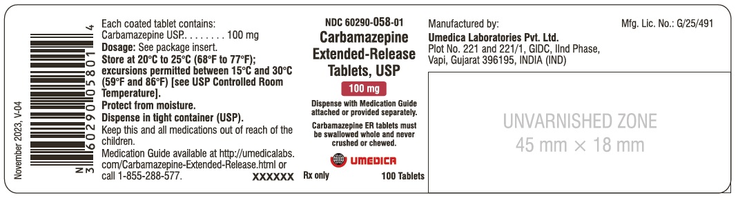 Carbamazepine Extended-Release Tablets USP, 100 mg - NDC 60290-058-01 - 100's Bottle Label