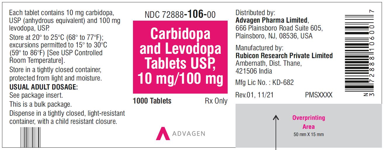 Carbidopa and Levodopa Tablets, USP 25 mg/100 mg - NDC 72888-107-00 - 1000 Tablets Bottle