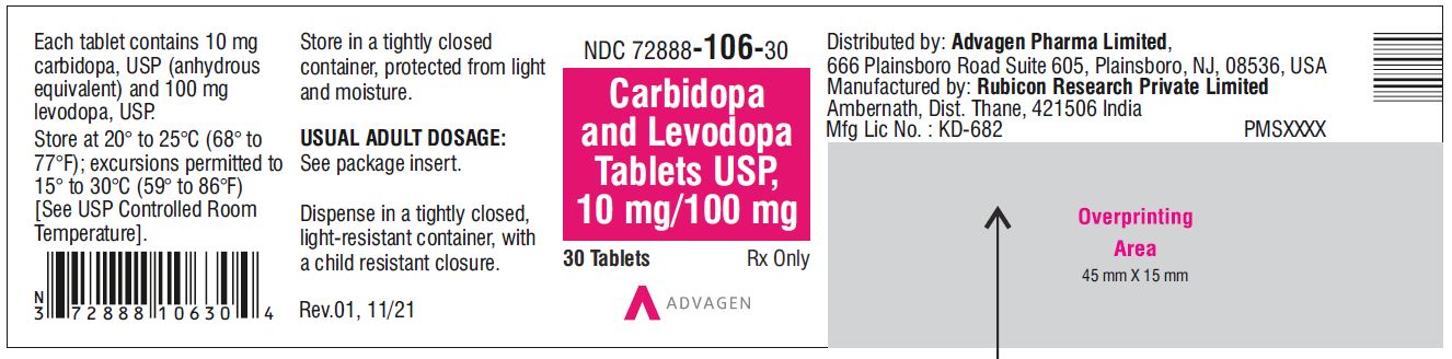 Carbidopa and Levodopa Tablets, USP 10 mg/100 mg - NDC 72888-106-30 - 30 Tablets Bottle