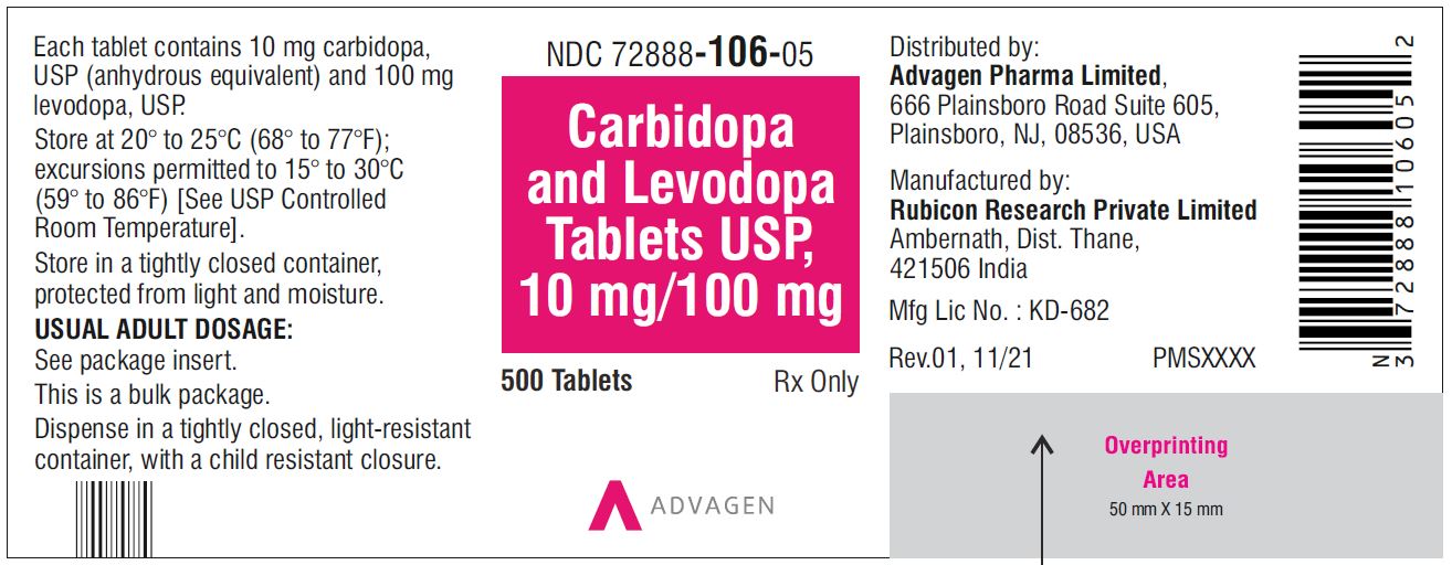 Carbidopa and Levodopa Tablets, USP 10 mg/100 mg - NDC 72888-106-05 - 500 Tablets Bottle