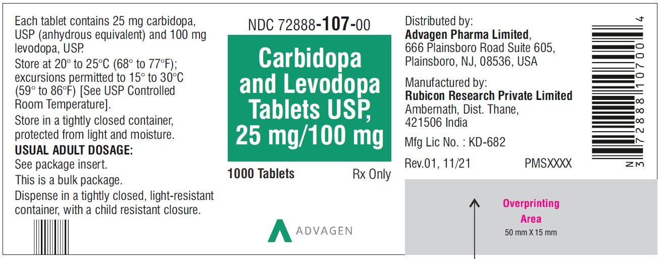 Carbidopa and Levodopa Tablets, USP 25 mg/100 mg - NDC 72888-107-00  - 1000 Tablets Bottle