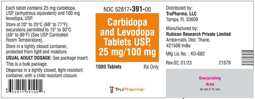 Carbidopa and Levodopa Tablets, USP 25 mg/100 mg - NDC 52817-391-00  - 1000 Tablets Bottle