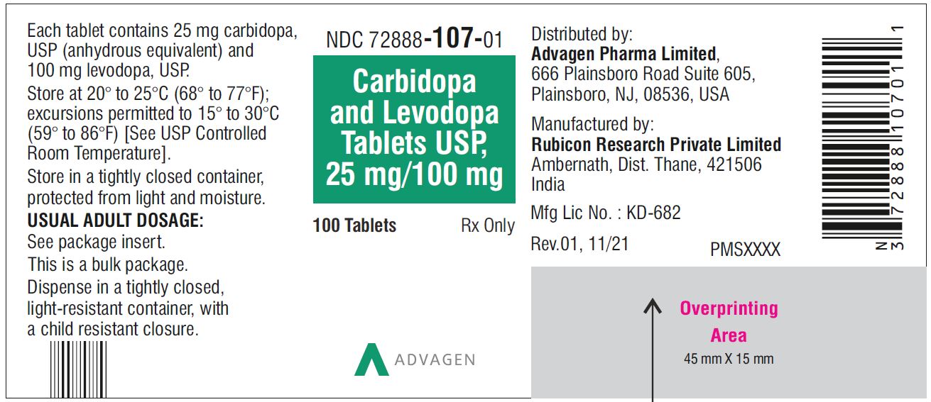 Carbidopa and Levodopa Tablets, USP 25 mg/100 mg - NDC 72888-107-01  - 100 Tablets Bottle