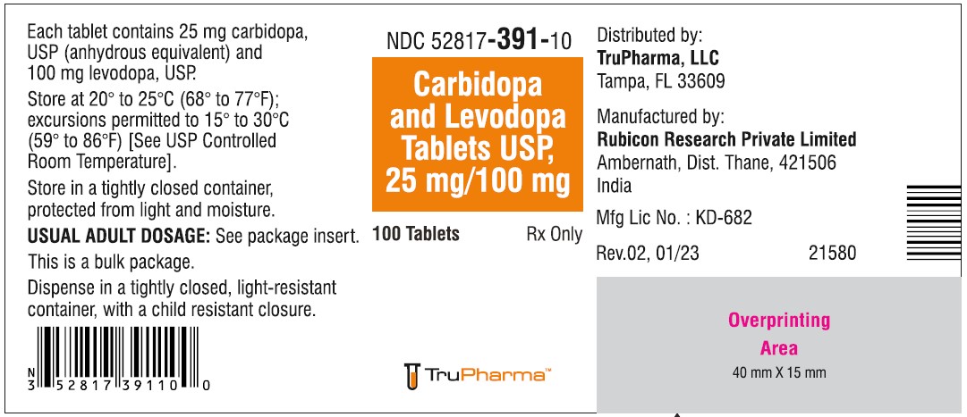 Carbidopa and Levodopa Tablets, USP 25 mg/100 mg - NDC 52817-391-10 - 100 Tablets Bottle