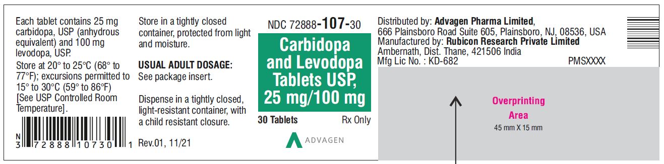 Carbidopa and Levodopa Tablets, USP 25 mg/100 mg - NDC 72888-107-30 - 30 Tablets Bottle