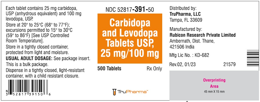 Carbidopa and Levodopa Tablets, USP 25 mg/100 mg - NDC 52817-390-50  - 500 Tablets Bottle