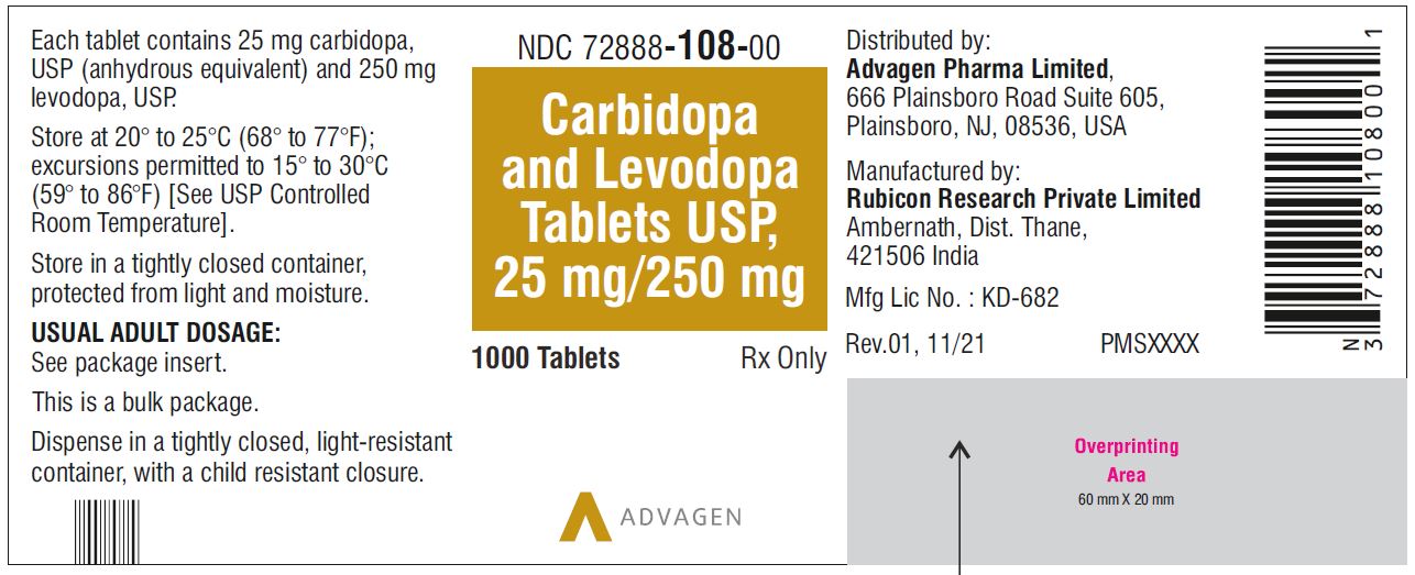 Carbidopa and Levodopa Tablets, USP 25 mg/250 mg - NDC 72888-108-00 - 1000 Tablets Bottle