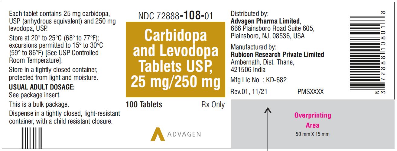 Carbidopa and Levodopa Tablets, USP 25 mg/250 mg - NDC 72888-108-01  - 100 Tablets Bottle