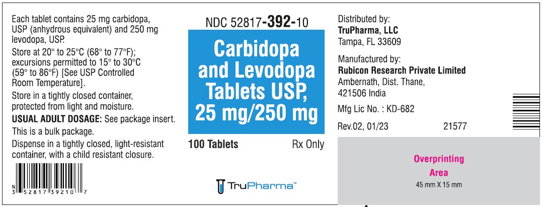 Carbidopa and Levodopa Tablets, USP 25 mg/250 mg - NDC 52817-392-10  - 100 Tablets Bottle