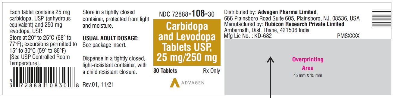 Carbidopa and Levodopa Tablets, USP 25 mg/250 mg - NDC 72888-108-30  - 30 Tablets Bottle