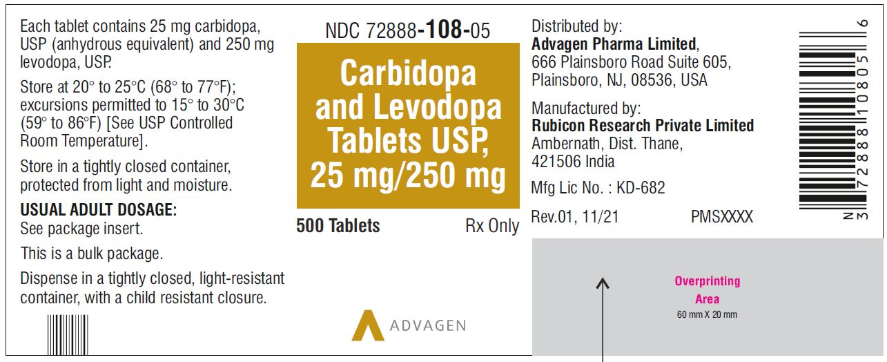 Carbidopa and Levodopa Tablets, USP 25 mg/250 mg - NDC 72888-108-05 - 500 Tablets Bottle
