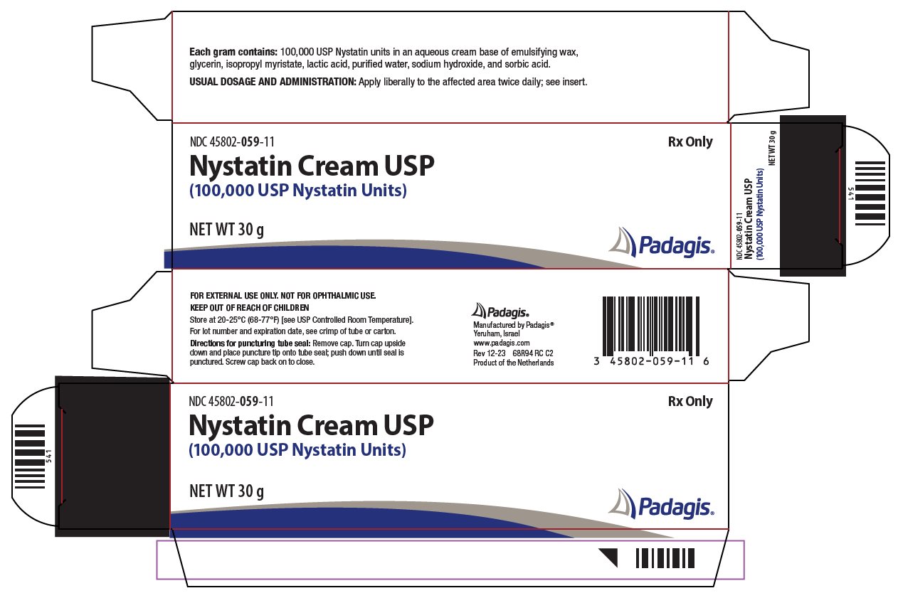 A white Nystatin Cream USP package with blue and black text
