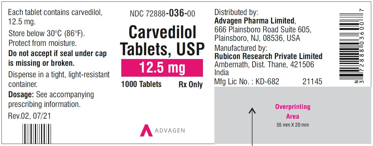 Carvedilol Tablets USP, 12.5 mg - NDC 72888-036-00  - 1000 Tablets Container Label