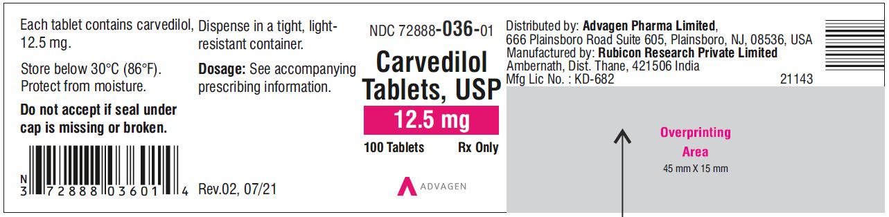 Carvedilol Tablets USP, 12.5 mg - NDC 72888-036-01  - 100 Tablets Container Label