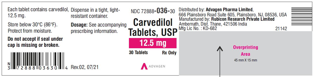 Carvedilol Tablets USP, 12.5 mg - NDC 72888-036-30  - 30 Tablets Container Label