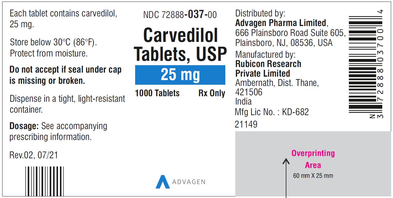 Carvedilol Tablets USP, 25 mg - NDC 72888-037-00  - 1000 Tablets Container Label