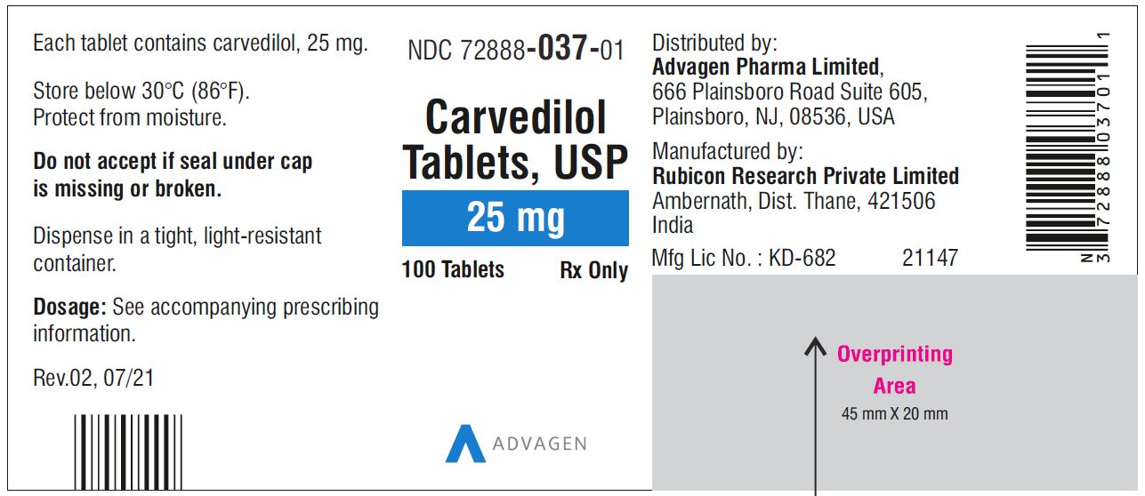Carvedilol Tablets USP, 25 mg - NDC 72888-037-01  - 100 Tablets Container Label