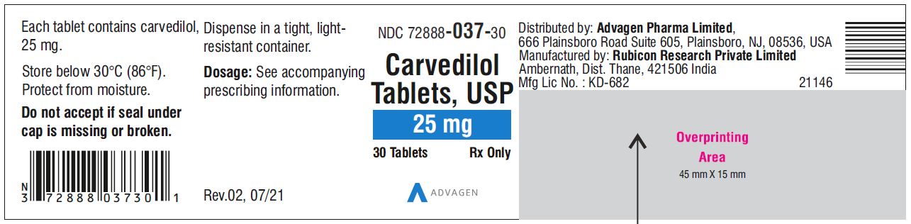 Carvedilol Tablets USP, 25 mg - NDC 72888-037-30  - 30 Tablets Container Label