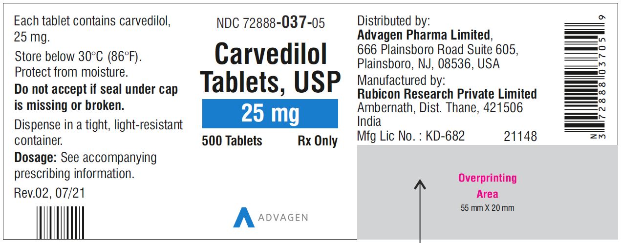 Carvedilol Tablets USP, 25 mg - NDC 72888-037-05  - 500 Tablets Container Label