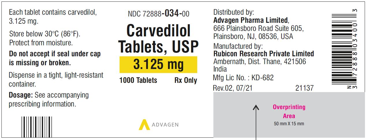 Carvedilol Tablets USP, 3.125 mg - NDC 72888-034-00  - 1000 Tablets Container Label
