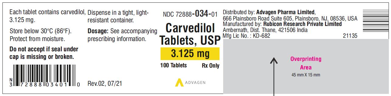 Carvedilol Tablets USP, 3.125 mg - NDC 72888-034-01  - 100 Tablets Container Label