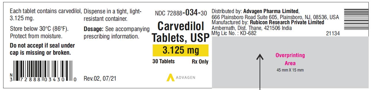 Carvedilol Tablets USP, 3.125 mg - NDC 72888-034-30  - 30 Tablets Container Label