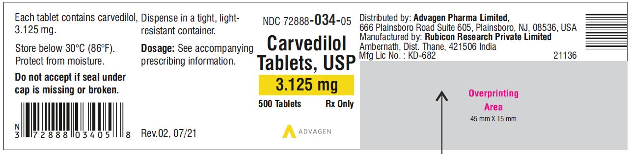 Carvedilol Tablets USP, 3.125 mg - NDC 72888-034-05  - 500 Tablets Container Label