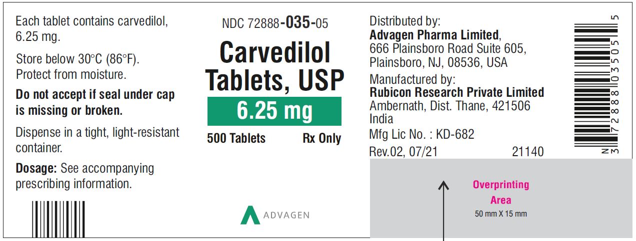 Carvedilol Tablets USP, 6.25 mg - NDC 72888-035-05  - 500 Tablets Container Label