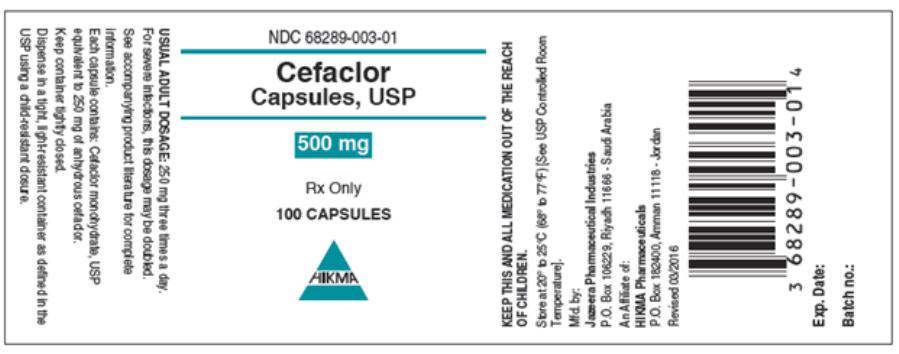 PRINCIPAL DISPLAY PANEL
NDC 68289-003-01
Cefaclor Capsules, USP
500 mg
100 Capsules
Rx Only
