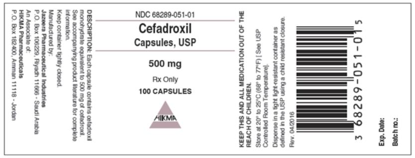 PRINCIPAL DISPLAY PANEL
NDC 68289- 051-01
Cefadroxil Capsules, USP
500 mg
100 Capsules
Rx Only
