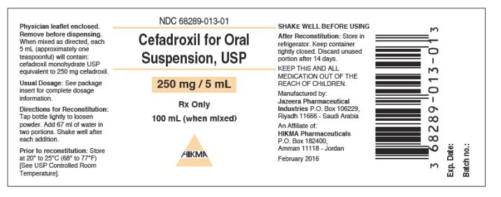 NDC 68289-013-01
CEFADROXIL FOR ORAL
SUSPENSION, USP
250 mg / 5 mL
Rx Only
100 mL (When Mixed)
