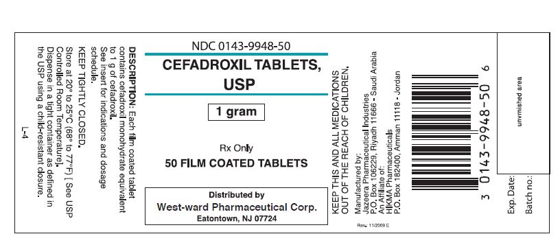 NDC 0143-9948-50 CEFADROXIL TABLETS, USP 1 gram Rx Only 50 FILM COATED TABLETS