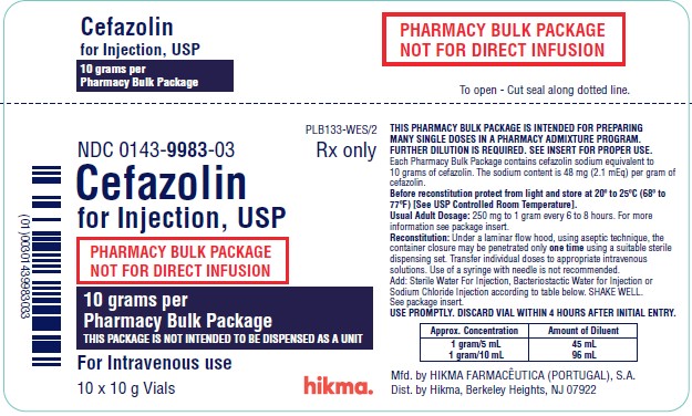 Carton of 10 Vials NDC 0143-9983-03 CEFAZOLIN FOR INJECTION, USP PHARMACY BULK PACKAGE NOT FOR DIRECT INFUSION 10 grams*/vial THIS PACKAGE IS NOT INTENDED TO BE DISPENSED AS A UNIT FOR IV USE ONLY Rx ONLY