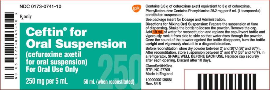 ceftin oral suspension 250 mg per 5 mL, 50 mL bottle label