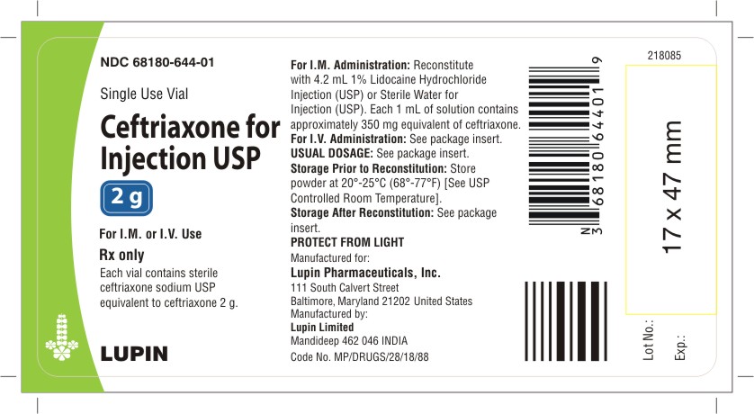 CEFTRIAXONE FOR INJECTION USP
2 g 
Rx Only
NDC 68180-644-01
							1 VIAL In 1 BOX
