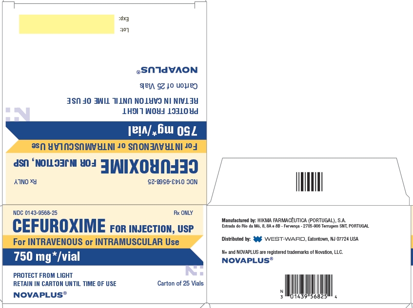 NDC 0143-9568-25 Rx ONLY CEFUROXIME FOR INJECTION, USP For INTRAVENOUS or INTRAMUSCULAR Use 750 mg*/vial PROTECT FROM LIGHT RETAIN IN CARTON UNTIL TIME OF USE Carton of 25 Vials