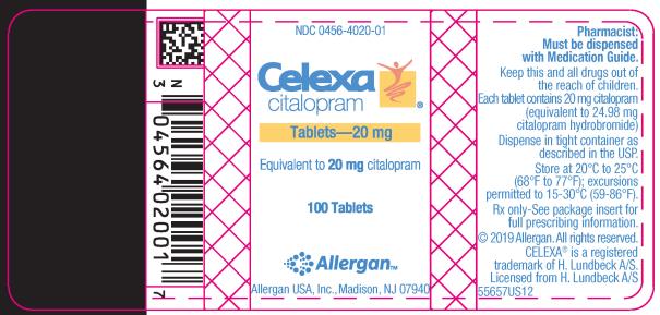 NDC 0456-4020-01
Celexa
citalopram
Tablets – 20 mg
100 Tablets
