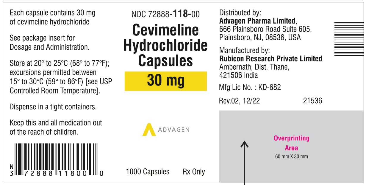 Cevimeline hydrochloride Capsules 30mg - NDC 72888-118-00, Bottle of 1000 Label