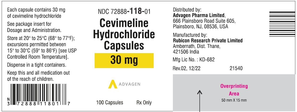 Cevimeline hydrochloride Capsules 30mg - NDC 72888-118-01, Bottle of 100 Label